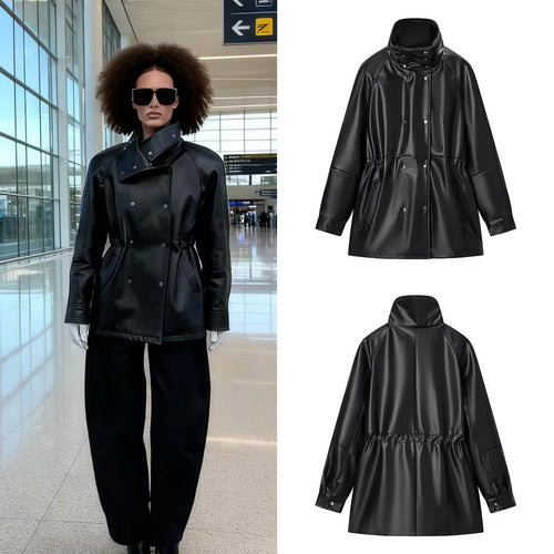 Damen Wasserabweisende Parka‑Jacke aus Kunstleder mit hohem Stehkragen und Tunnelzugtaillierung Echo Archiv