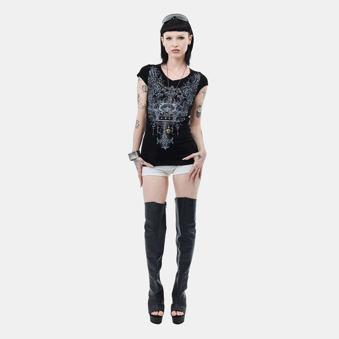 Damen V-Ausschnitt T-Shirt mit extravaganten Grafiken Echo Archiv