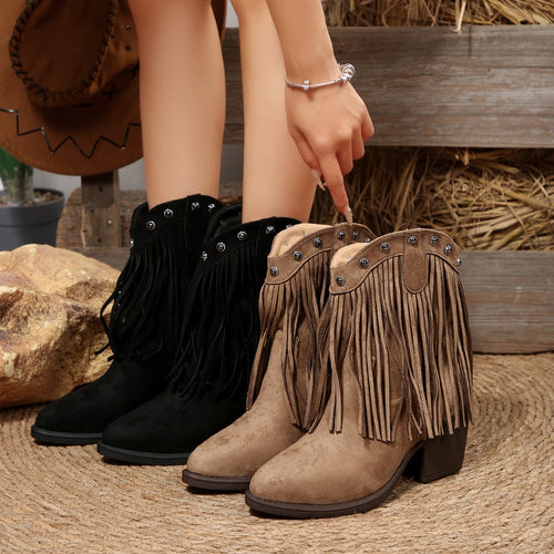 Damen  Cowboy-Ankle-Boots aus Veloursleder mit Fransen und Nietenbesatz mittelhoher Blockabsatz Echo Archiv