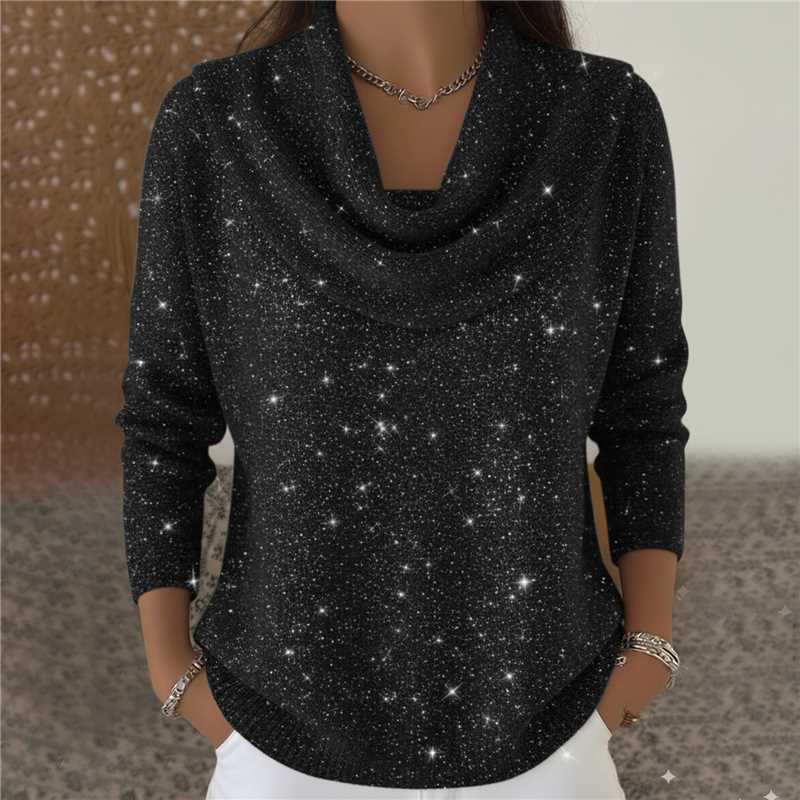 Damen nan schimmernder Strickpullover mit Wasserfallkragen, feiner Glitzerstruktur und schmalem Saum Echo Archiv