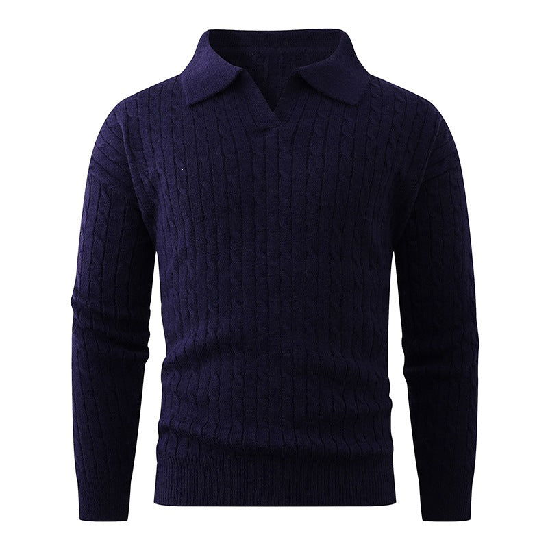 Herren Kabelstrick-Polo-Pullover mit V-Ausschnitt und Zopfmuster Echo Archiv