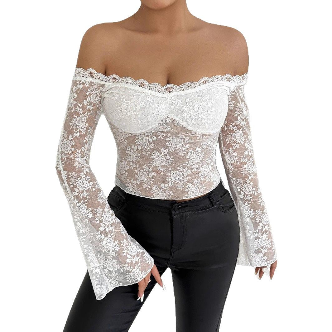 Damen Spitzenoberteil mit schulterfreiem Design und eleganten Trompetenärmeln Echo Archiv