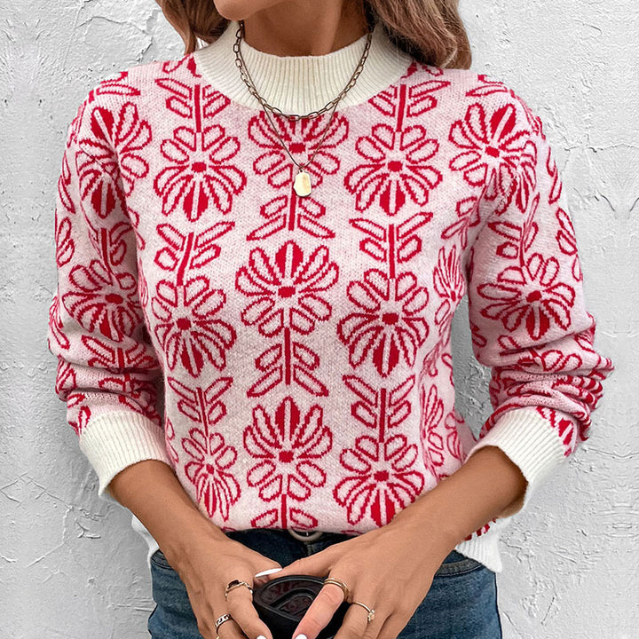 Damen GEchoarchivlümter Jacquard-Strickpullover mit Rundhalsausschnitt und gerippten Bündchen Echoarchiv