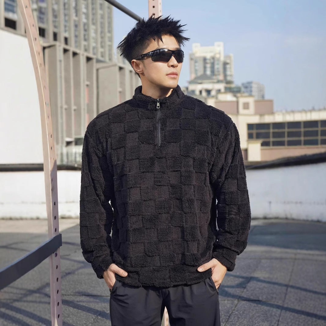 Herren Fleece-Pullover mit strukturierter Oberflächenstruktur und stehender Kragen Echoarchiv