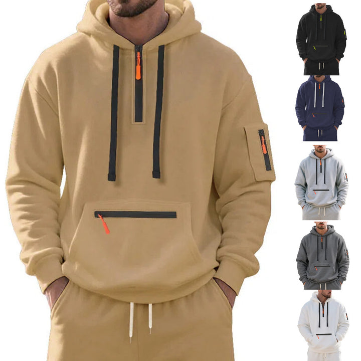 Herren Oversize-Kapuzenpullover mit halbem Reißverschluss, Kängurutasche mit Reißverschluss und Ärmel-Pocket Echoarchiv