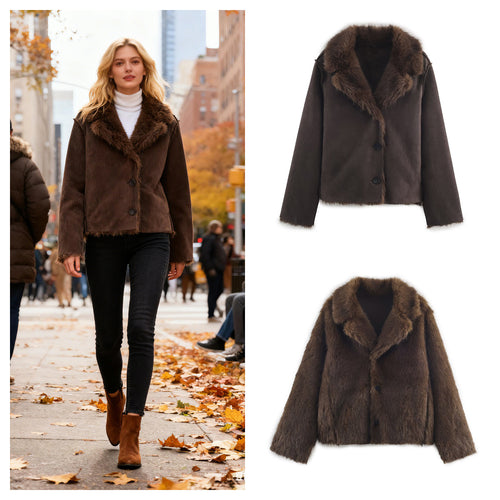 Damen Wendbare Kurzjacke mit Faux‑Fur‑Besatz und Wildlederoptik Echo Archiv