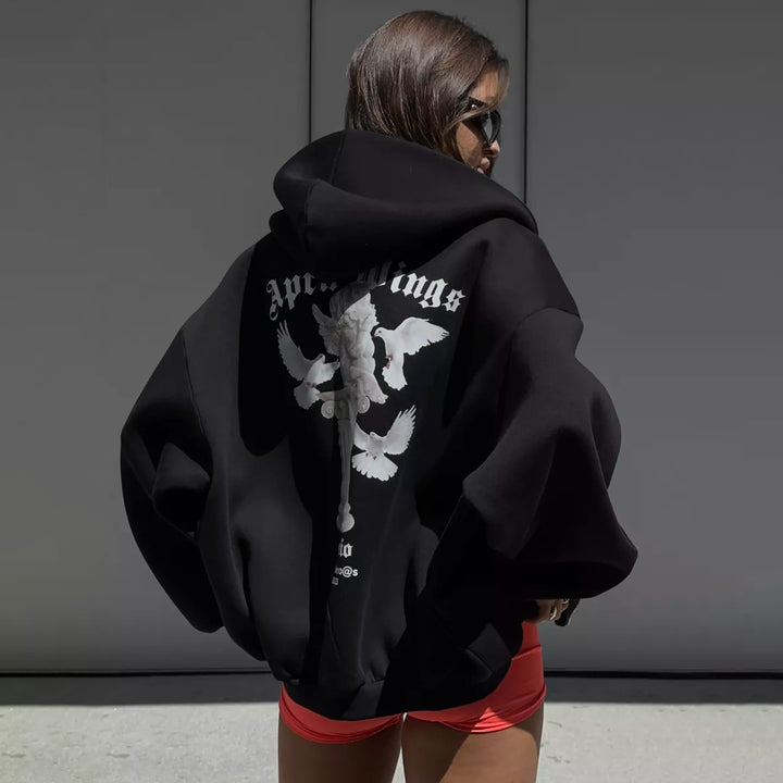 Damen oversized Kapuzenpullover mit Engels-Print und kunstvollem Rückendruck – Auréline