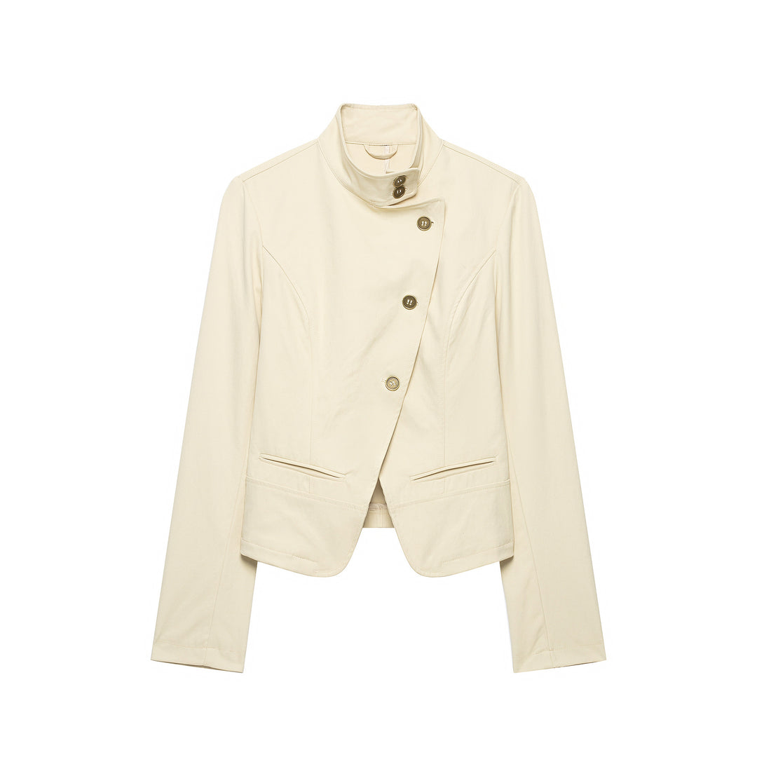 Damen Kurzblazer mit asymmetrischer Knopfleiste und hohem Stehkragen Echoarchiv