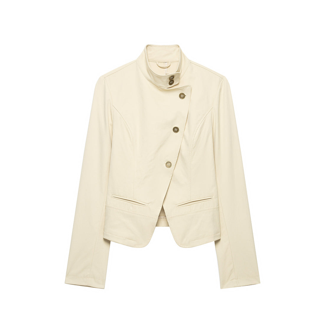 Damen Kurzblazer mit asymmetrischer Knopfleiste und hohem Stehkragen Echoarchiv