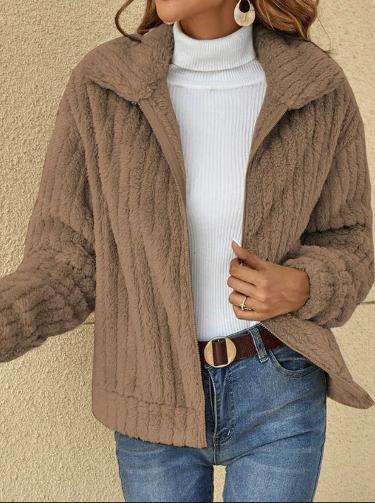 Damen nan kuschelige Teddyjacke mit durchgehendem Reißverschluss, Stehkragen und Eingrifftaschen Echo Archiv