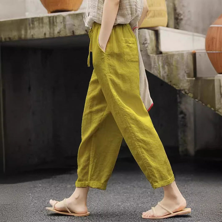 Damen lässige Leinenhose mit elastischem Bund und seitlichen Taschen Echoarchiv