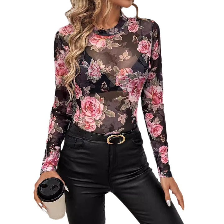 Damen nan transparentes figurbetontes Langarmshirt mit floralem Rosendruck und Stehkragen Echo Archiv
