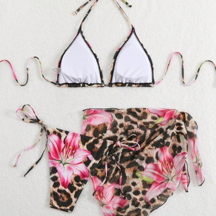 Damen Bikini-Set mit elegantem Leopardenmuster und verspielten Blumendetails Echo Archiv