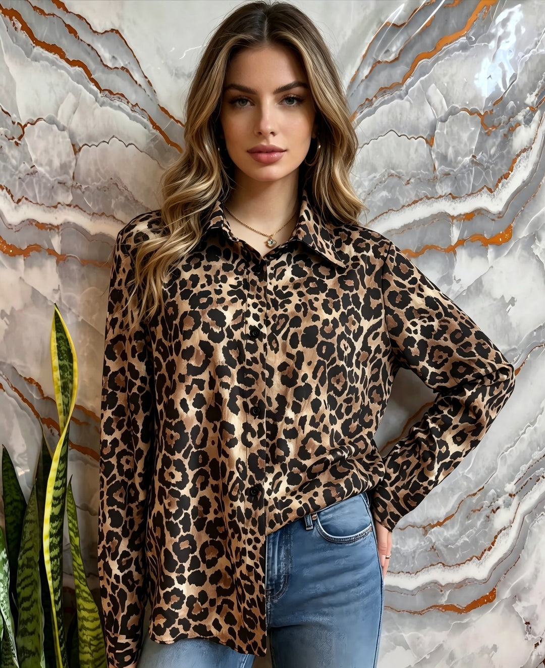 Damen Satin-Leopardenmuster Button-Up Bluse Echoarchiv