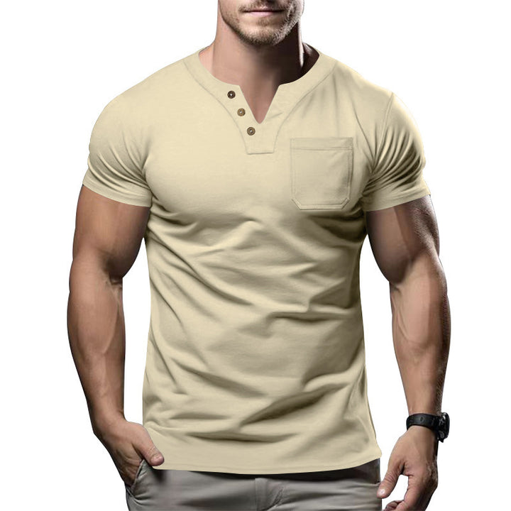 Herren Kurzarm-Henley-Shirt mit modischem Knopfdesign und praktischer Brusttasche Echoarchiv