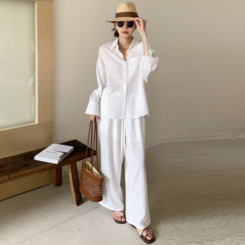 Damen Zweiteiliges Leichtes Loungewear-Set mit Oversize-Hemd und weiter Kordelbund-Hose – Élanora
