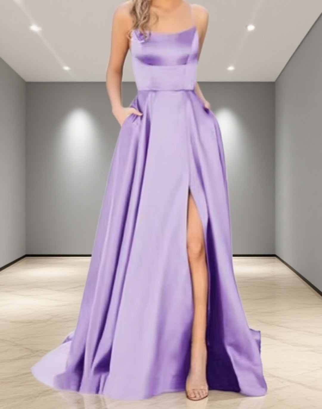 Damen Elegantes Abendkleid mit seitlichem Schlitz und schmalen Spaghetti-Trägern Echo Archiv