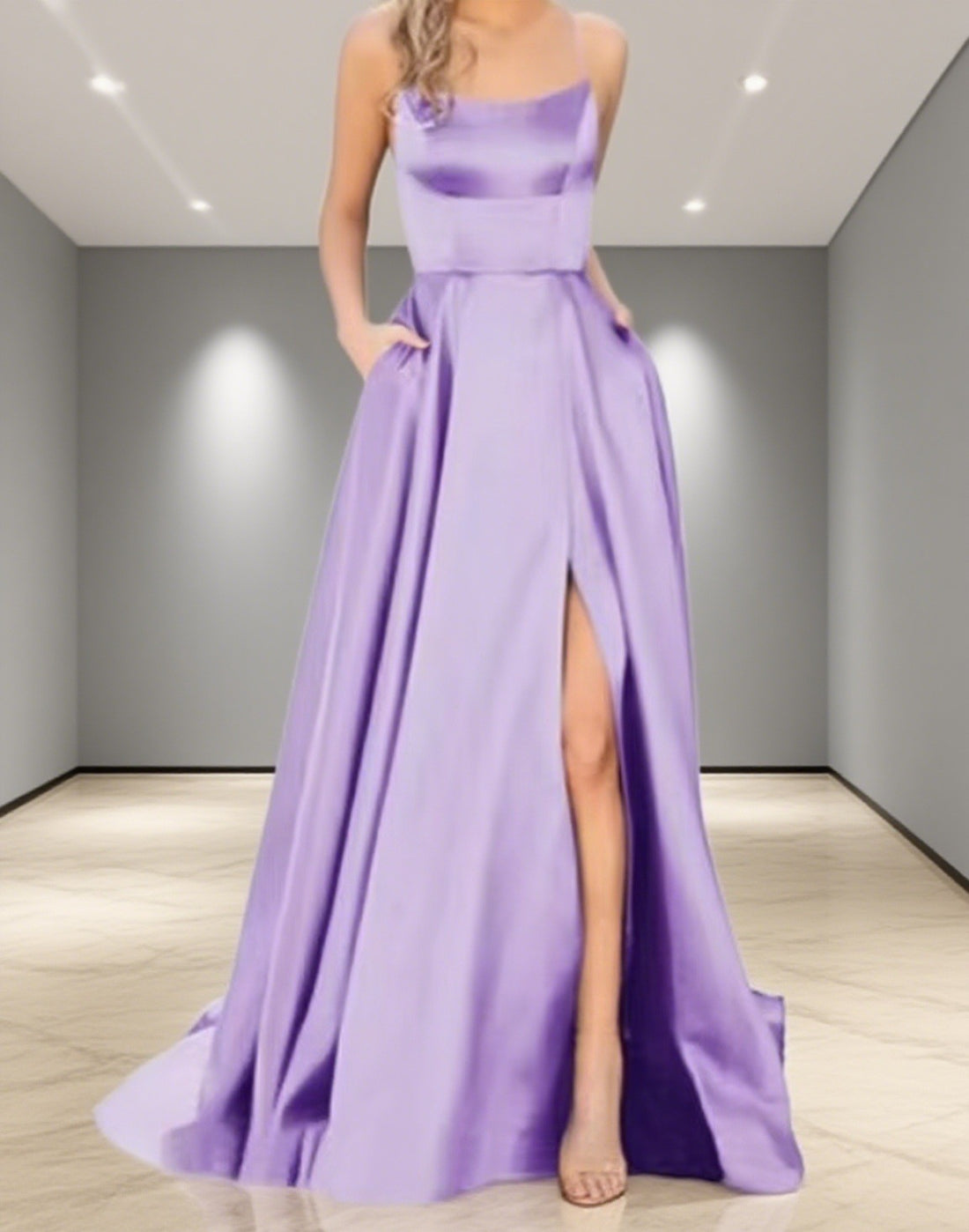 Damen Elegantes Abendkleid mit seitlichem Schlitz und schmalen Spaghetti-Trägern – Élara