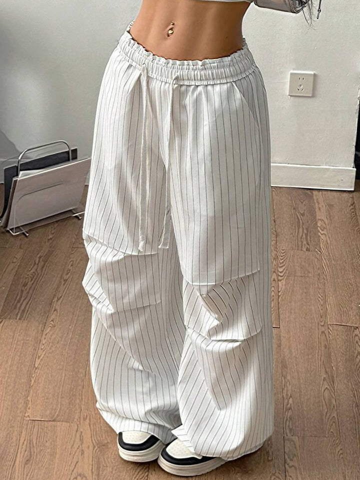 Damen Weite Nadelstreifen-Loungehose mit hohem Gummibund und Tunnelzug – Avérine