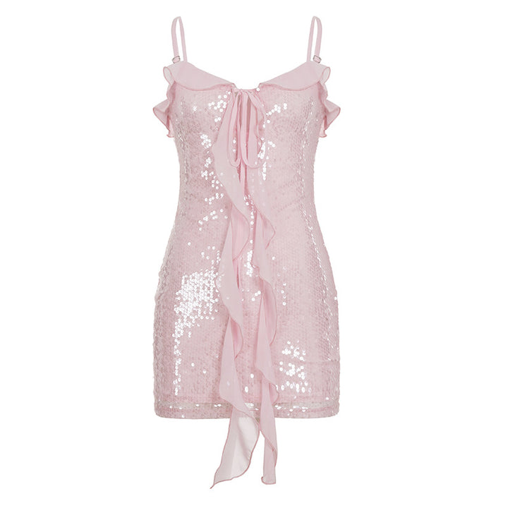 Damen kurzes, glitzerndes Partykleid mit zarten Rüschendetails und Bindeband Echo Archiv