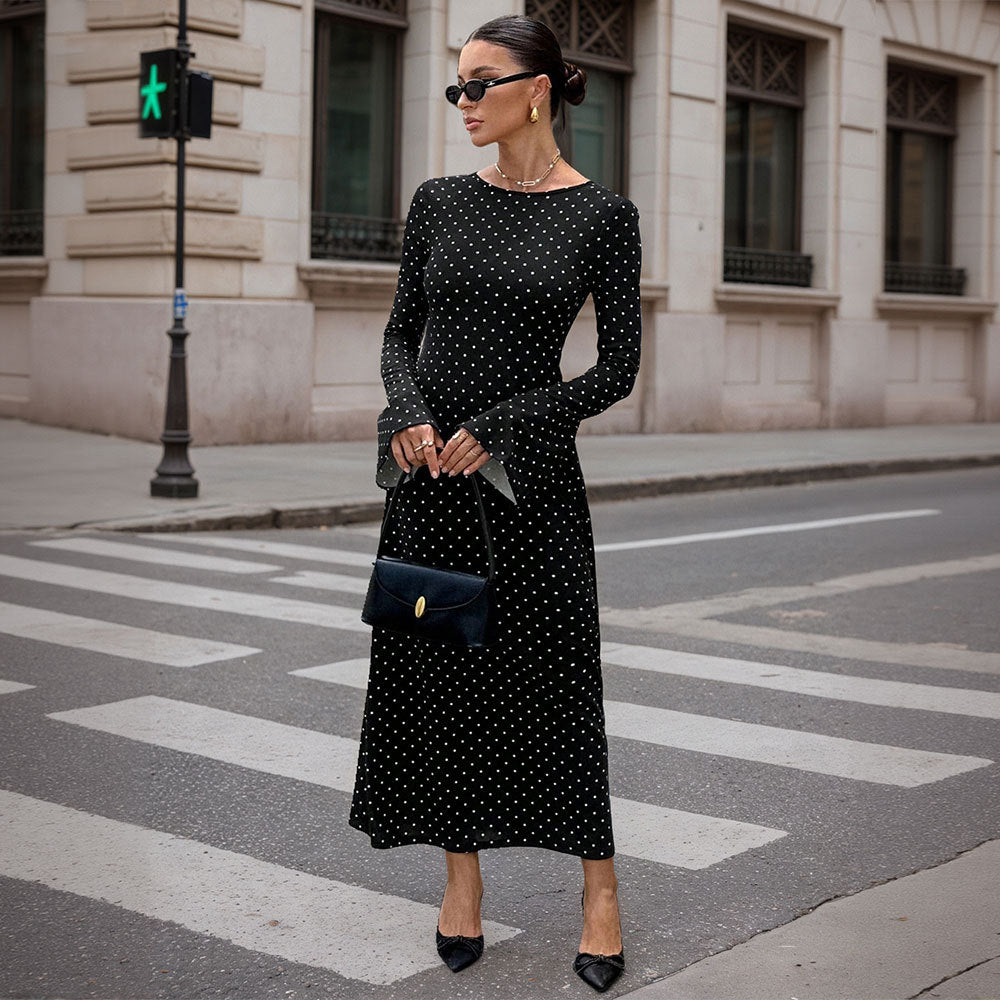 Damen elegantes Polka‑Dot Maxikleid mit tailliertem Oberteil, Trompetenärmeln und fließendem A‑Linien‑Rock – Valéora