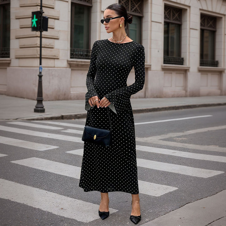 Damen elegantes Polka‑Dot Maxikleid mit tailliertem Oberteil, Trompetenärmeln und fließendem A‑Linien‑Rock – Valéora