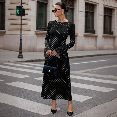 Damen elegantes Polka‑Dot Maxikleid mit tailliertem Oberteil, Trompetenärmeln und fließendem A‑Linien‑Rock – Valéora