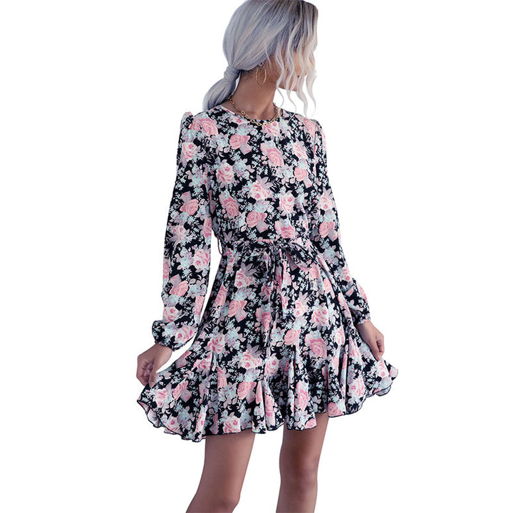 Damen Romantisches Midikleid mit floralem Print, geraffter Taille und Volant-Saum Echoarchiv