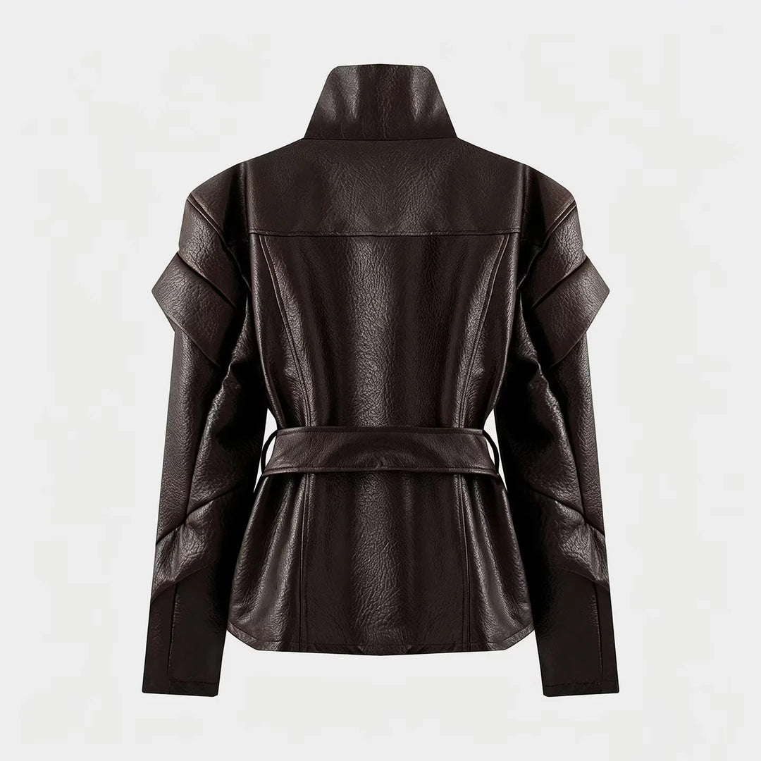 Damen nan taillierte Kunstlederjacke mit asymmetrischem Reißverschluss, hohem Stehkragen und Bindegürtel Echo Archiv