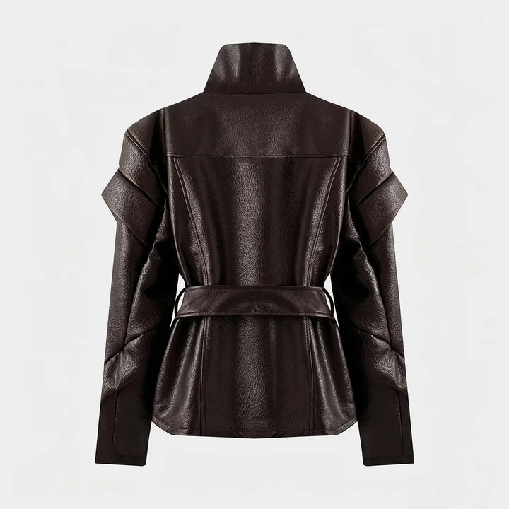 Damen nan taillierte Kunstlederjacke mit asymmetrischem Reißverschluss, hohem Stehkragen und Bindegürtel Echo Archiv