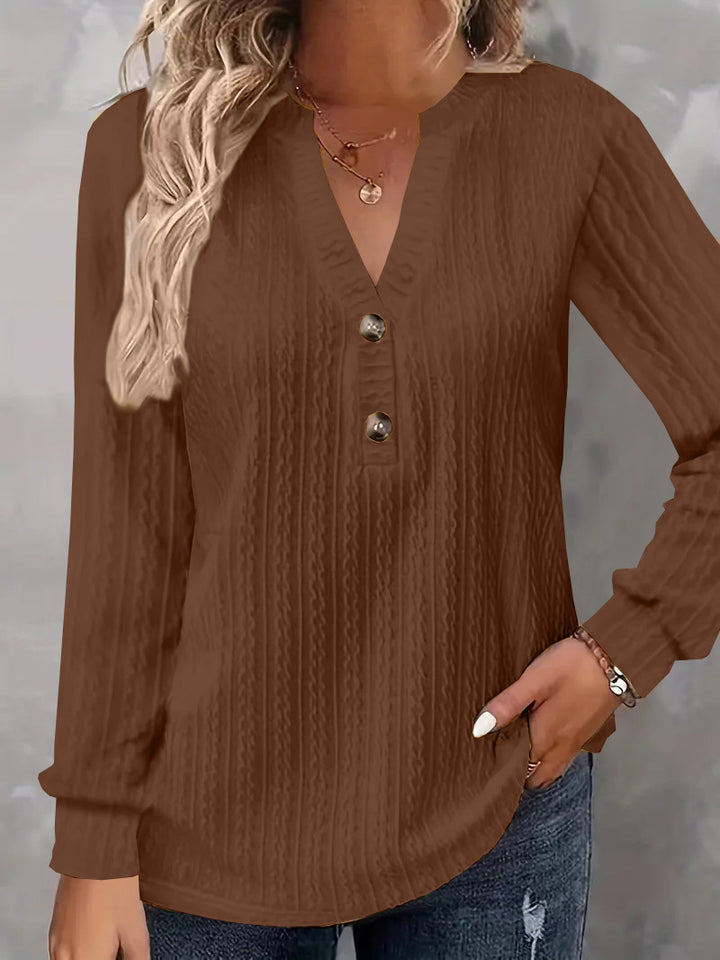 Damen Strukturiertes V‑Neck Langarmshirt mit Zierknopfleiste – Avérine