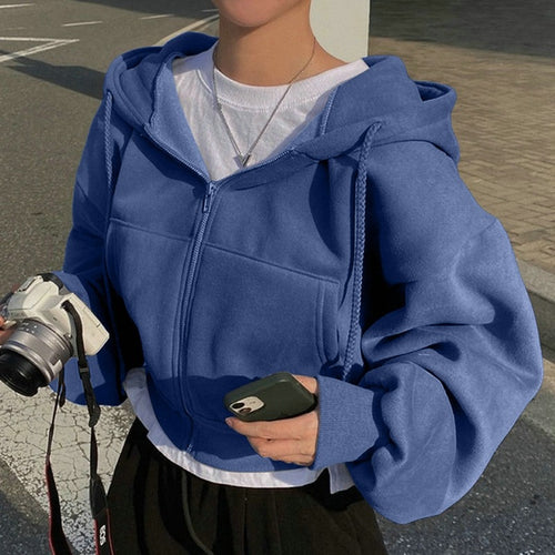 Damen oversized cropped Kapuzenjacke mit Reißverschluss und Ballonärmeln – Auréline