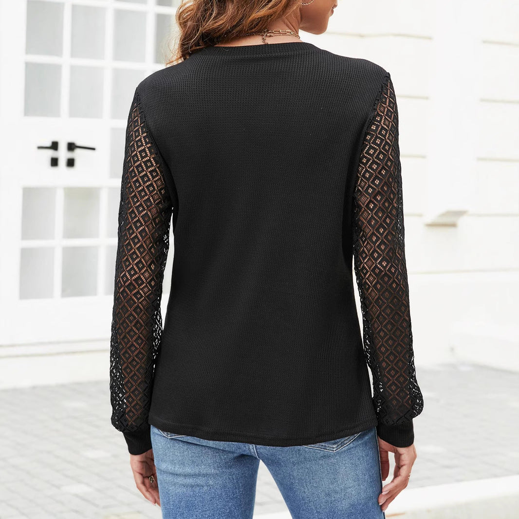 Damen Feinstrick-Pullover mit transparenten Spitzenärmeln und Rundhalsausschnitt – Avérine
