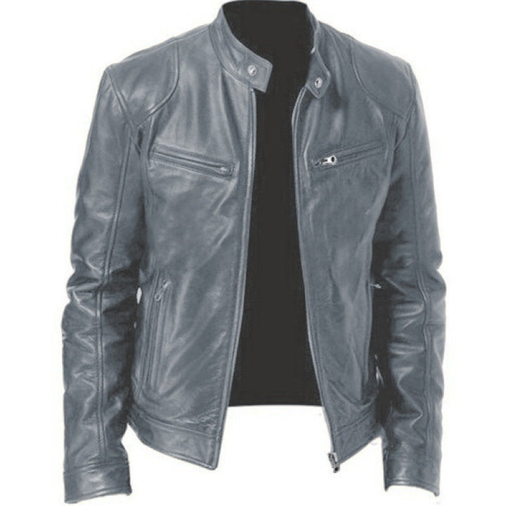 Herren nan schlanke Echtleder-Bikerjacke mit Stehkragen, zwei Brust-Reißverschlusstaschen und geradliniger Silhouette Echo Archiv