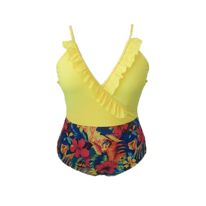 Damen Einteiler Badeanzug mit asymmetrischem Rüschendesign und floralem Hosenbereich Echo Archiv