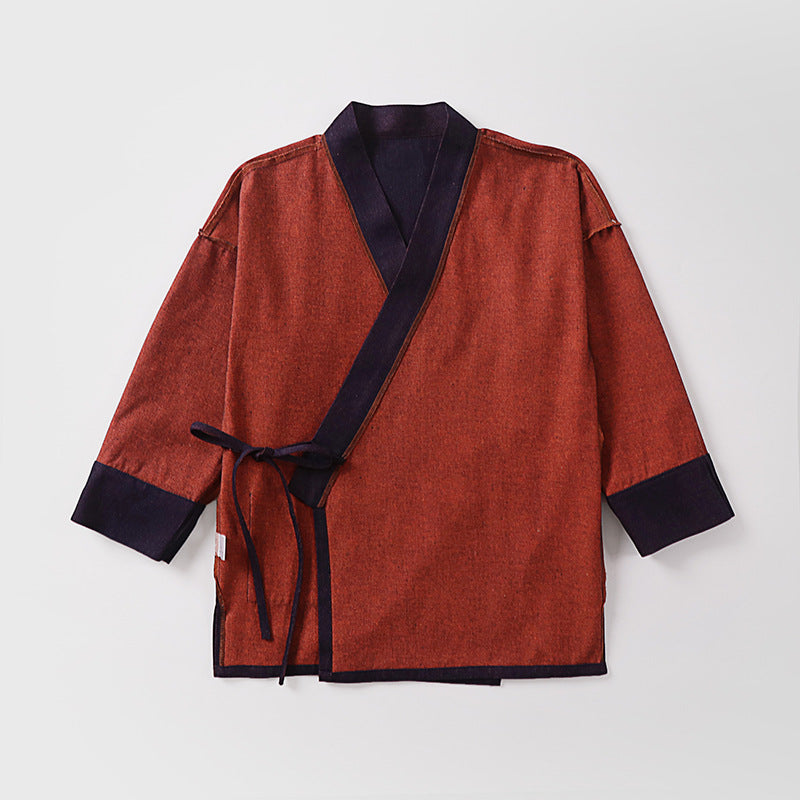 Unisex Leichte Wickel-Kimono-Jacke aus Leinen-Baumwollmix mit Kontrastbesatz und Bindegürtel Echoarchiv