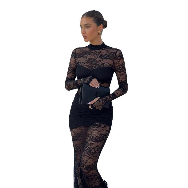 Damen Spitzenmaxikleid mit transparentem Langarmdesign und figurformendem Schnitt Echo Archiv
