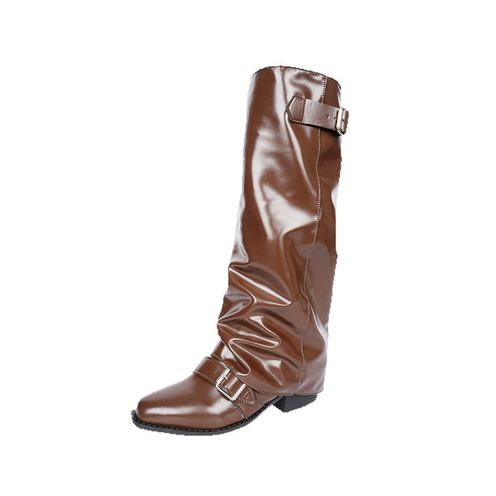 Damen kniehohe Lackstiefel mit Schlupfschaft und verstellbaren Schnallen – Lioré