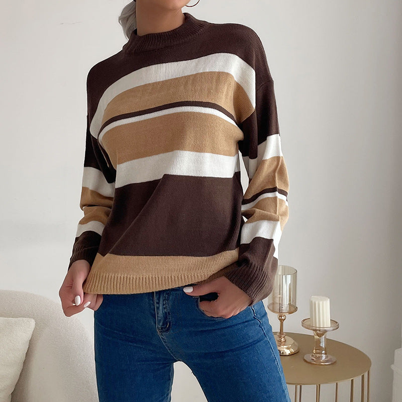 Damen Langärmliger Ringel-Feinstrickpullover mit kurzem Stehkragen und legerer Silhouette Echoarchiv