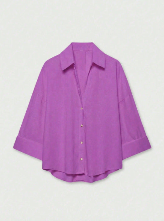 Damen Leichte Oversize Leinenoptik Bluse mit Dreiviertelärmeln und durchgehender Knopfleiste Echoarchiv
