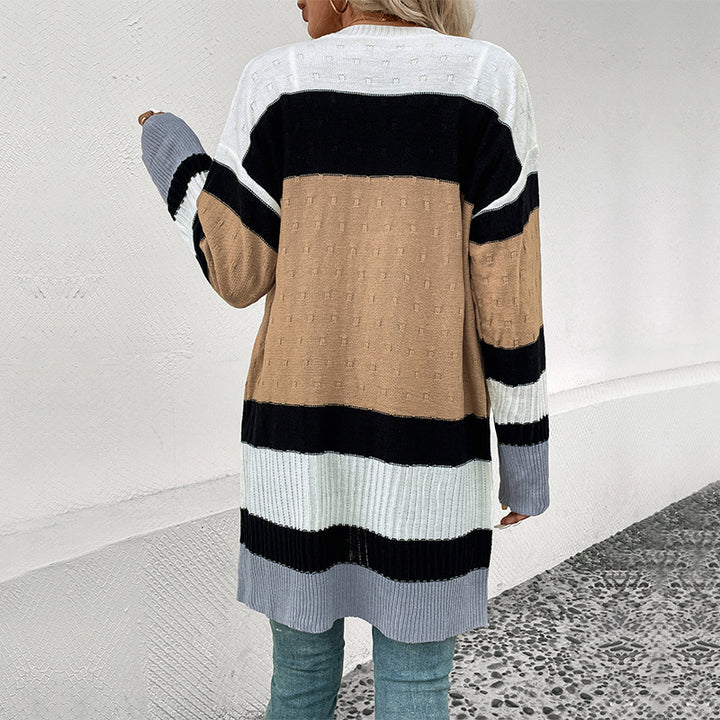 Damen Langer Gestreifter Strickcardigan mit aufgesetzten Taschen und offener Front Echoarchiv