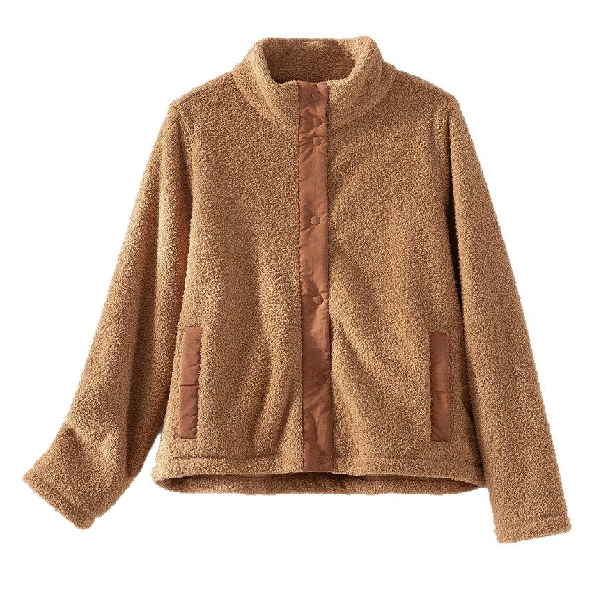 Damen kuschelige Teddy-Fleecejacke mit Stehkragen, Druckknopf-Leiste und kontrastierten Tascheneinfassungen Echoarchiv