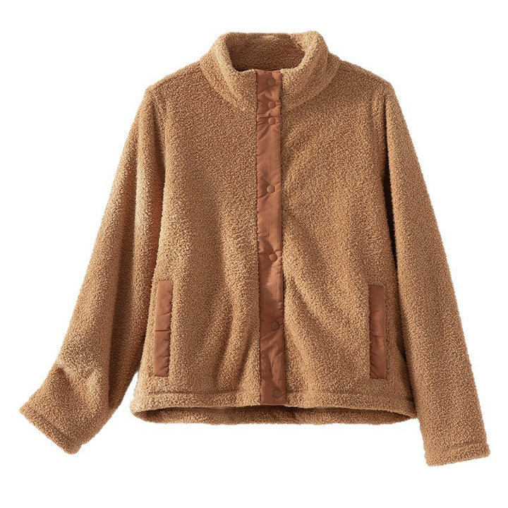 Damen kuschelige Teddy-Fleecejacke mit Stehkragen, Druckknopf-Leiste und kontrastierten Tascheneinfassungen Echoarchiv