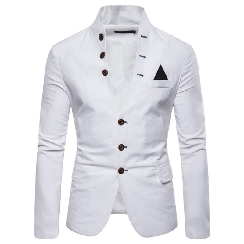 Herren eleganter Blazer mit modernem Stehkragen und ausgefallenen Knopfdetails Echoarchiv