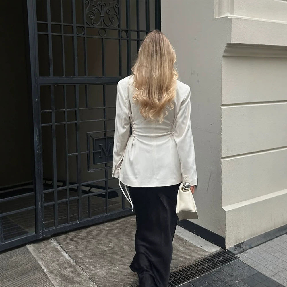 Damen taillierter Blazer mit tiefem V‑Ausschnitt, Zipperfront und Kordelzug-Detail Echoarchiv