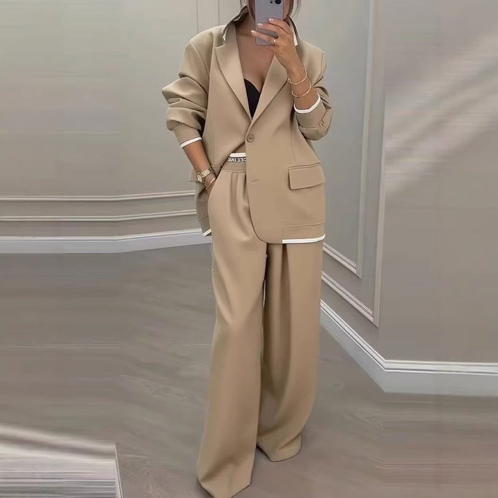Damen Oversize-Tailoring-Set mit Kontrastpaspel, Single-Button-Blazer und hochgeschnittener Weitbeinhose – Valéne