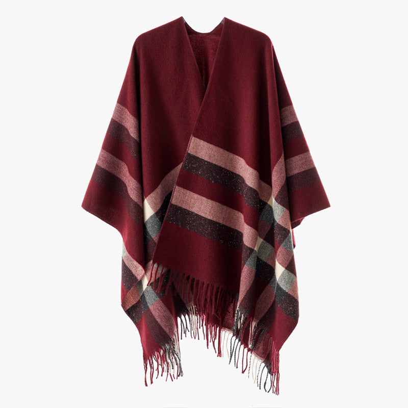 Damen Wollmix-Capeponcho im Oversize-Kimono mit Karomuster und Fransensaum – Montévia