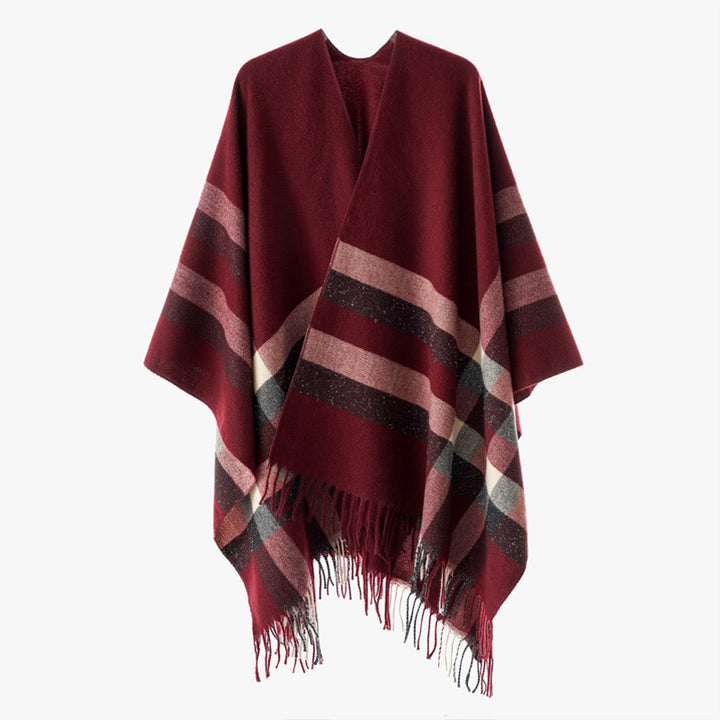 Damen Wollmix-Capeponcho im Oversize-Kimono mit Karomuster und Fransensaum – Montévia