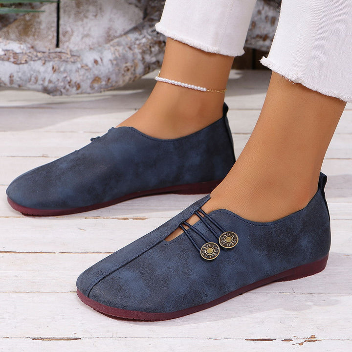 Damen  flache Slipper-Pantoletten aus Wildlederoptik mit elastischer Schnürung und dekorativem Zierknopf Echo Archiv