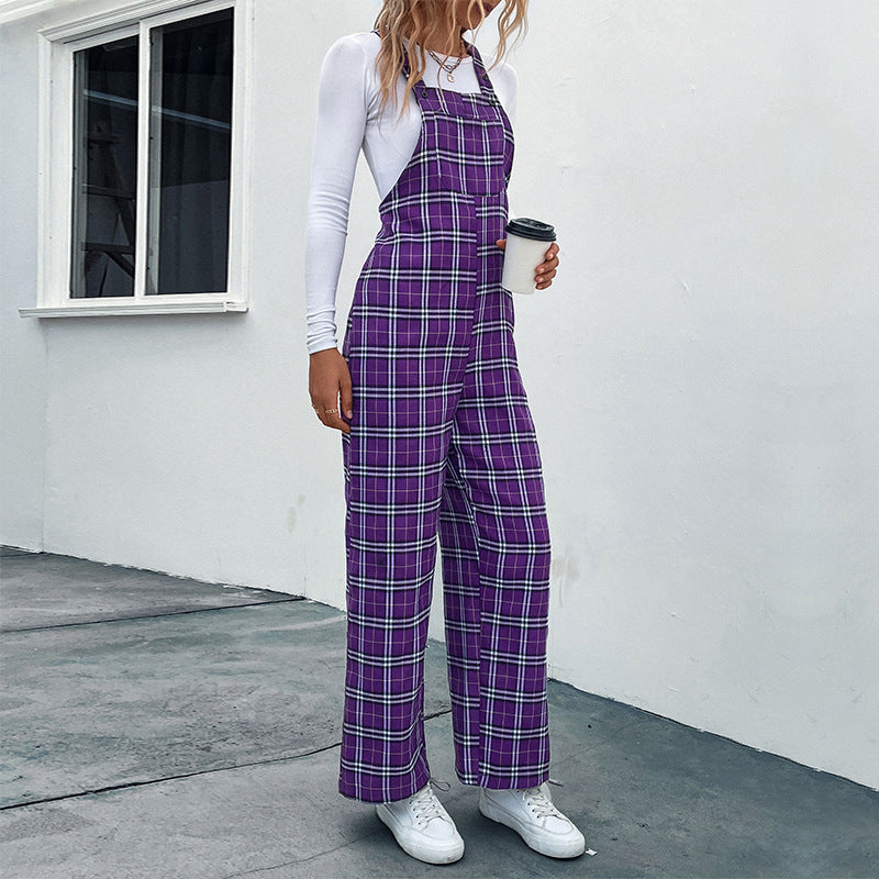 Damen Lässiger Karierter Jumpsuit mit breitem Bein und verstellbaren Trägern Echo Archiv